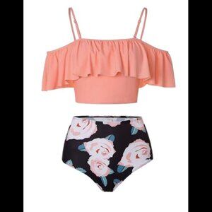 NEW Off Shoulder Peach Two Piece Ruffled Top Rose High Waisted Bikini Women's XL